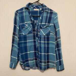 New York And Company Women XS Blue Plaid Button Up Long Sleeve Thin Front Pocket